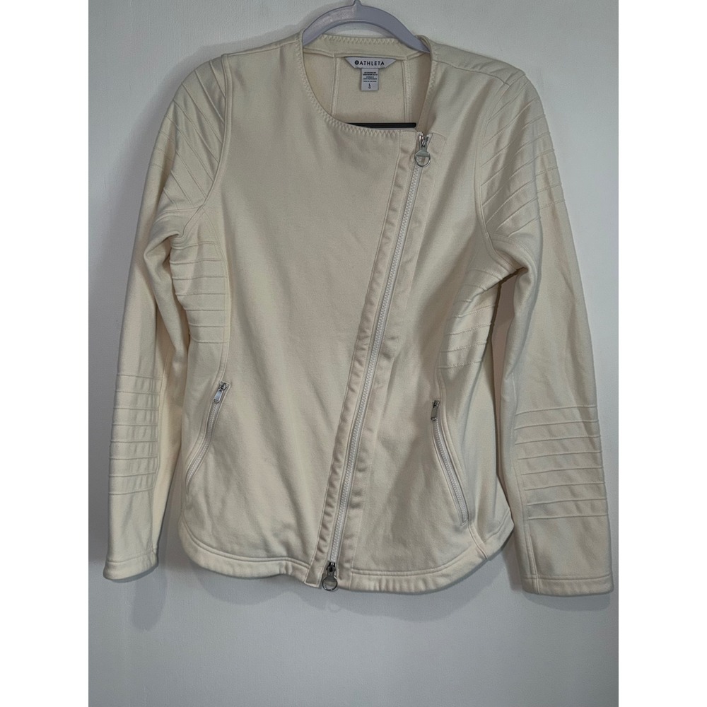 Athleta Moto Jacket Cream Fleece Quilted Ribbed Full Zip Sweatshirt Large